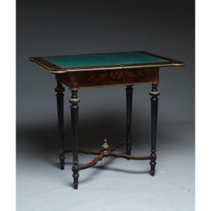 Game Table In Ebonized Wood With Inlay, Louis XVI Style, Napoleon III Period