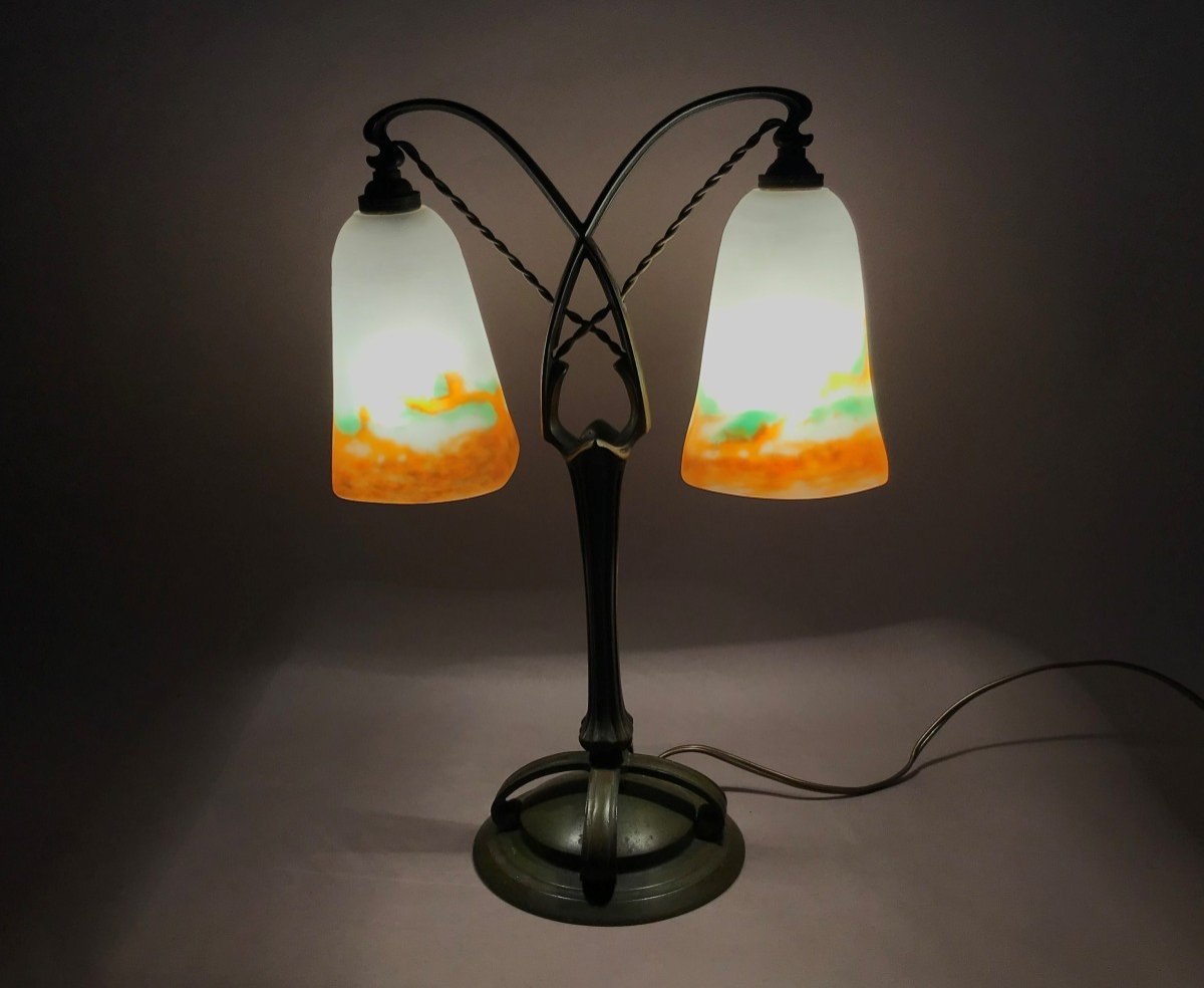 Muller Frères Luneville Bronze Lamp And Art Nouveau Glass Paste Circa 1900-photo-2