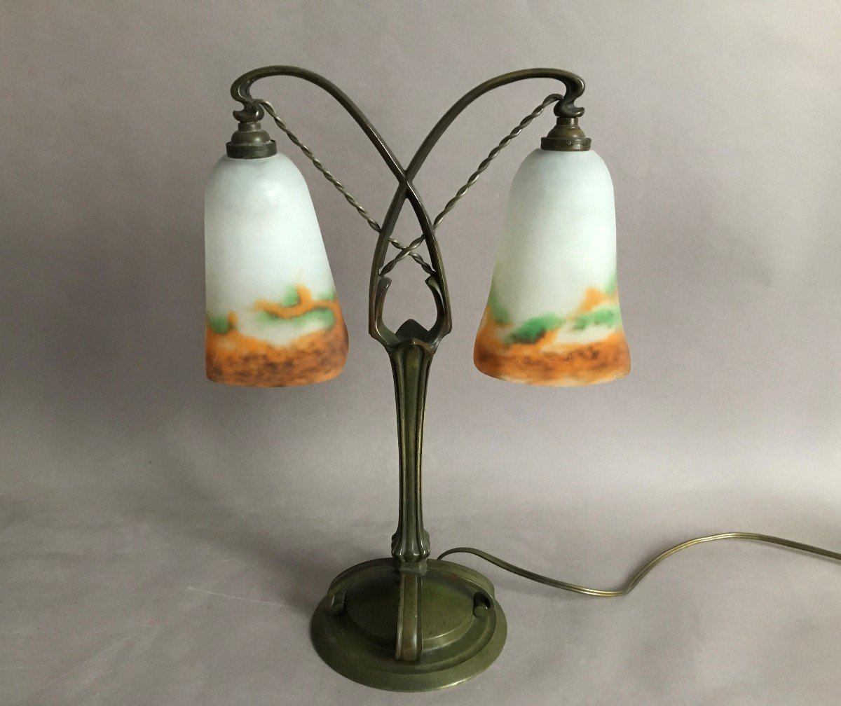 Muller Frères Luneville Bronze Lamp And Art Nouveau Glass Paste Circa 1900