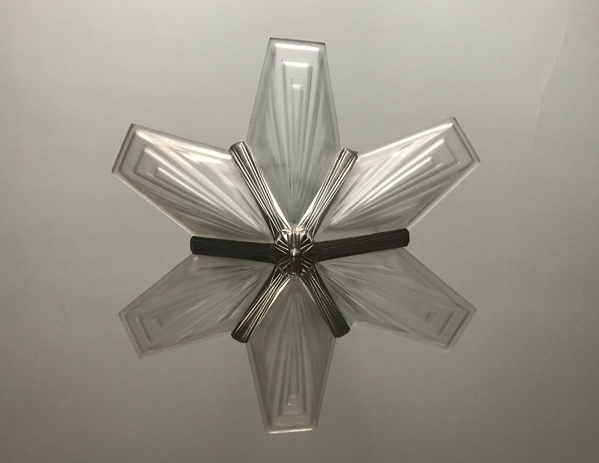 Degué Chandelier In Press Molded Glass And Nickel Plated Bronze Art Deco 1930-photo-2