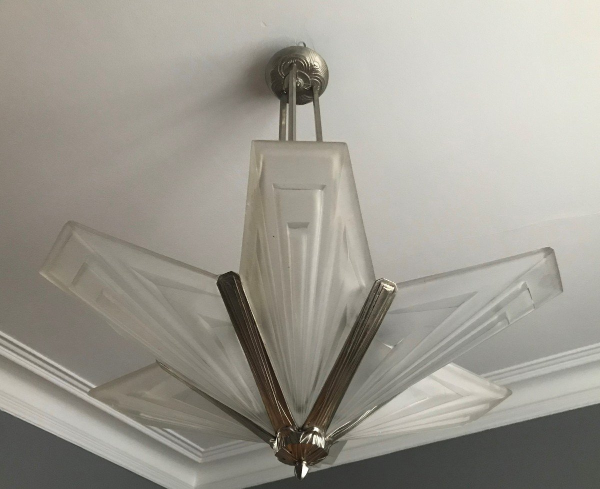 Degué Chandelier In Press Molded Glass And Nickel Plated Bronze Art Deco 1930-photo-3