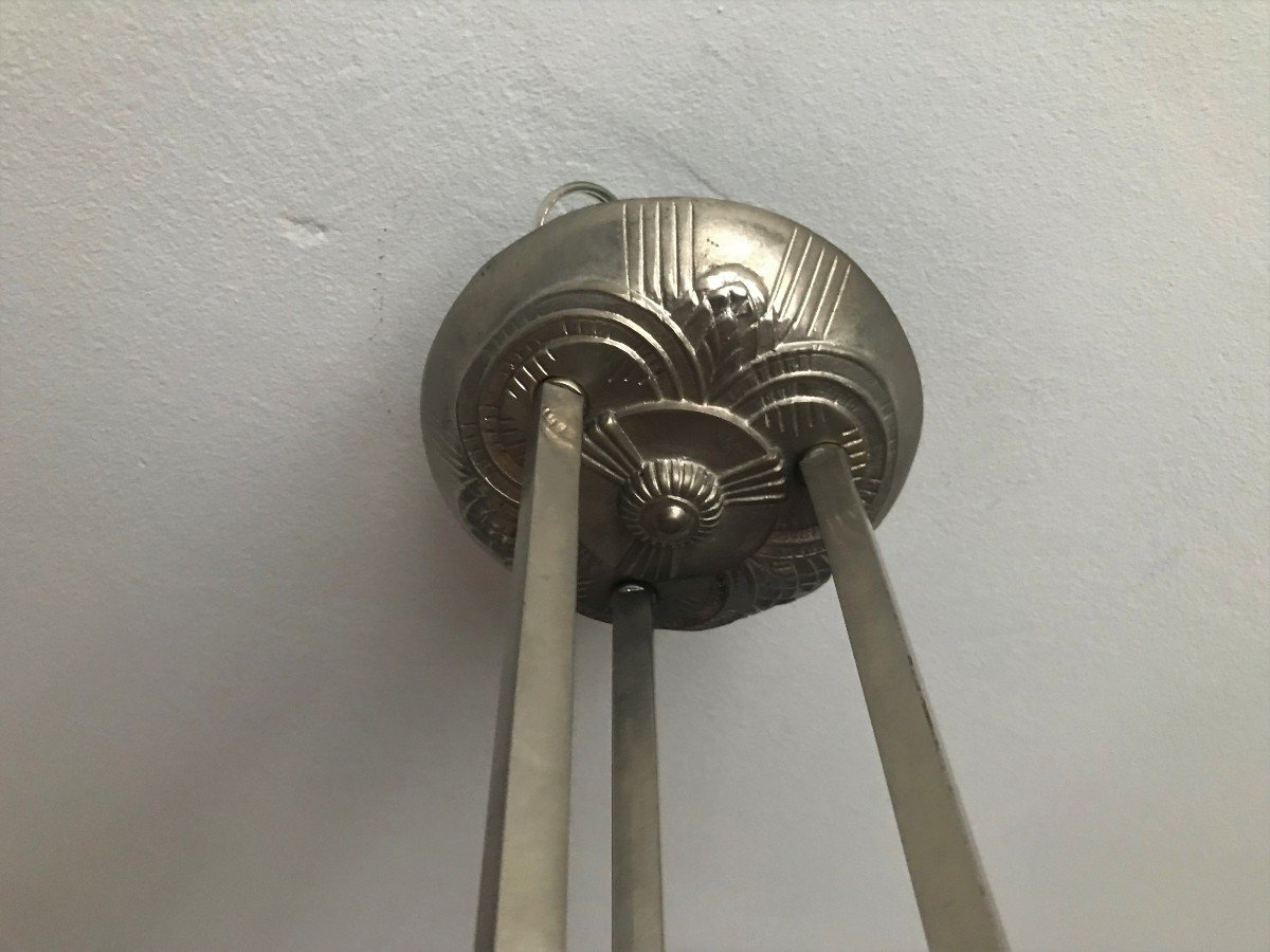 Degué Chandelier In Press Molded Glass And Nickel Plated Bronze Art Deco 1930-photo-3