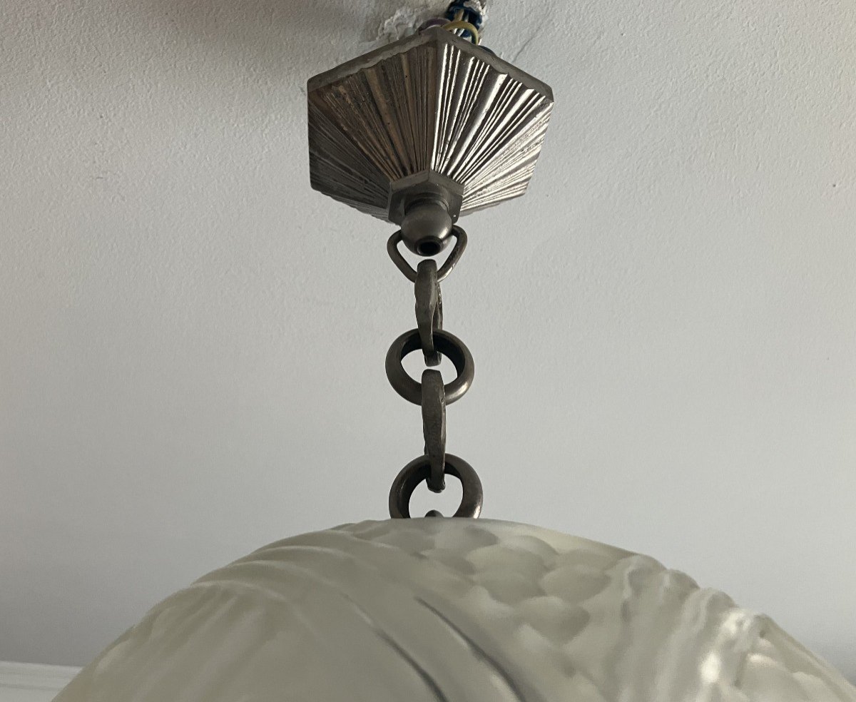 Hettier And Vincent Chandelier In Press Molded Glass And Nickel Plated Bronze Art Deco 1930-photo-4
