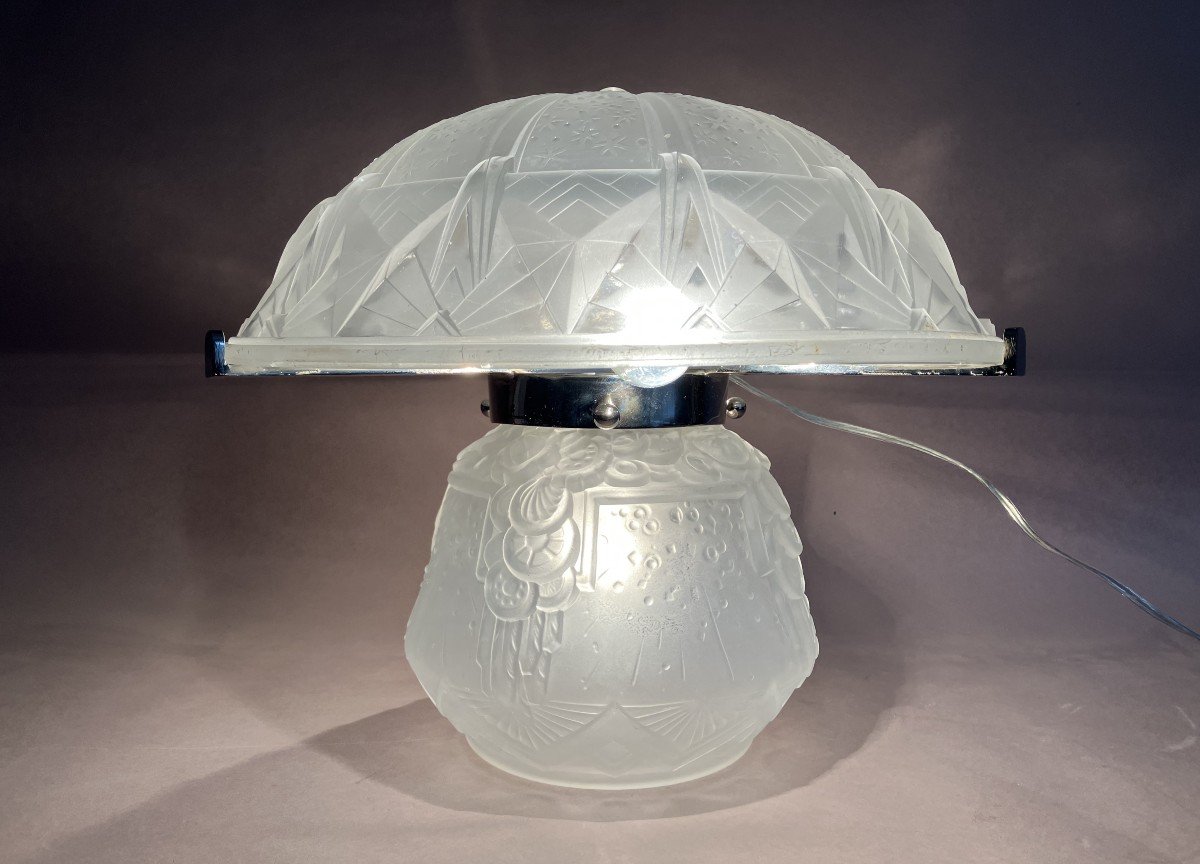 Muller Frères Luneville Lamp In Press Molded Glass And Nickel Plated Bronze Art Deco-photo-2