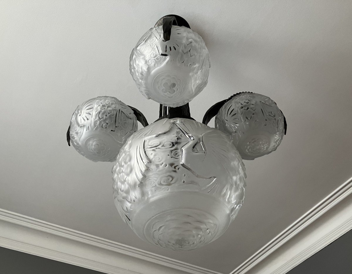 Muller Frères Luneville lustre en fer forgé et verre Art Déco vers 1930-photo-3