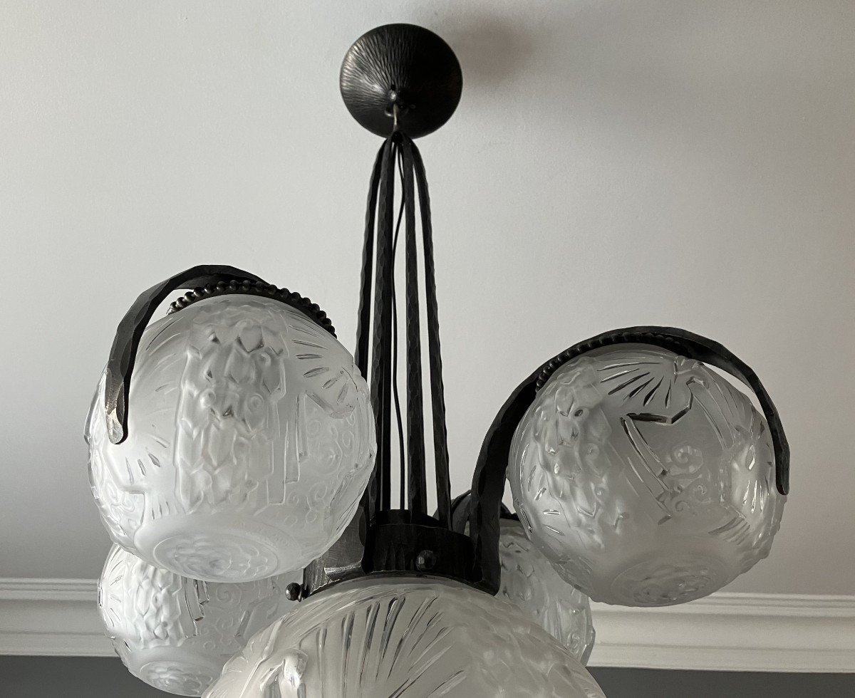 Muller Frères Luneville lustre en fer forgé et verre Art Déco vers 1930-photo-4
