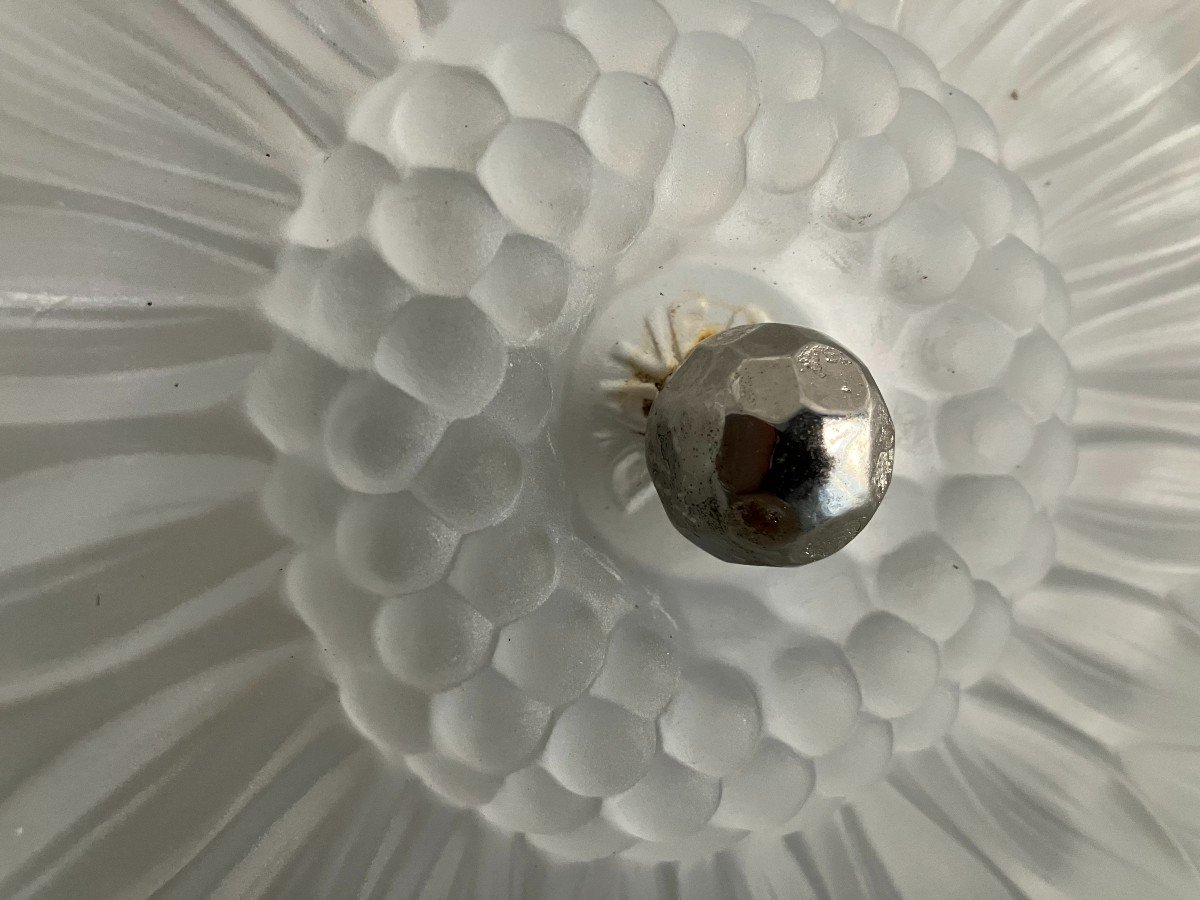 Pierre D'Avesn lustre Tournesol en verre moulé à la presse et bronze nickelé Art Déco vers 1930-photo-2