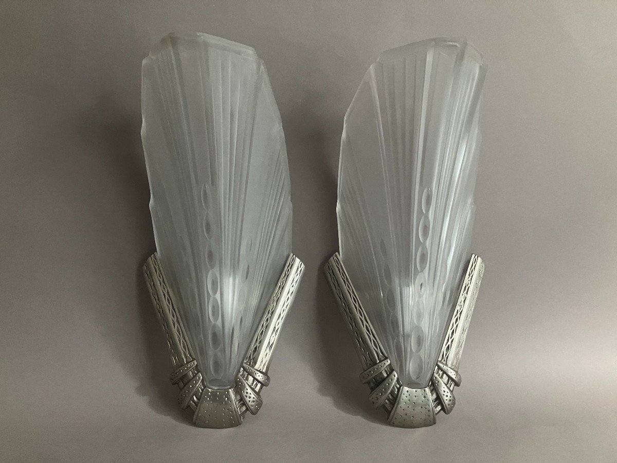 Ejg Pair Of Art Deco Press Cast Glass And Nickel Plated Bronze Sconces 1930