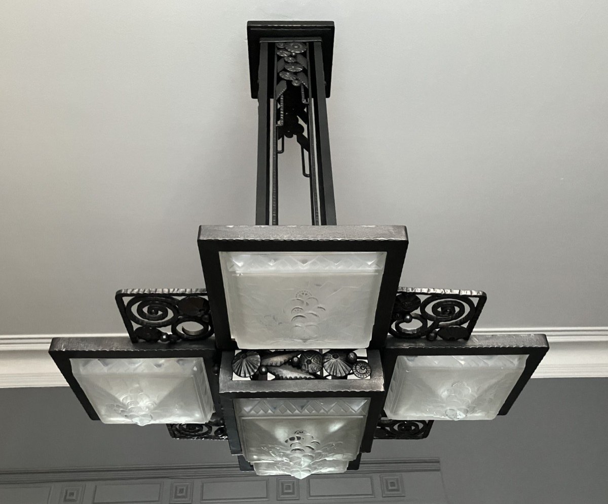 Muller Frères Et Vasseur Art Deco Wrought Iron And Glass Chandelier Circa 1930-photo-3