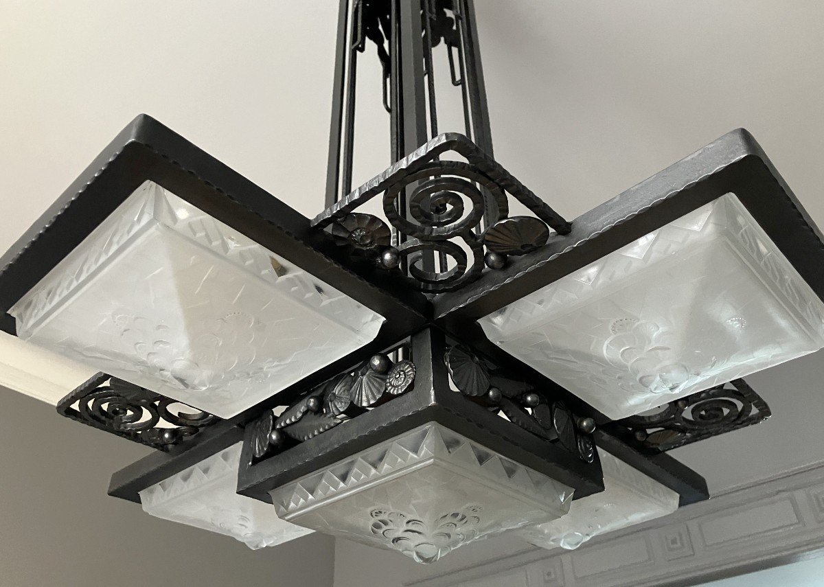 Muller Frères Et Vasseur Art Deco Wrought Iron And Glass Chandelier Circa 1930-photo-4