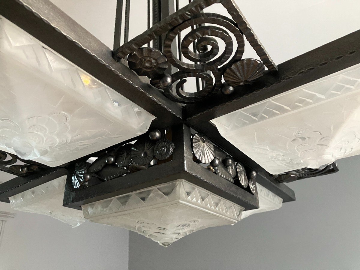 Muller Frères Et Vasseur Art Deco Wrought Iron And Glass Chandelier Circa 1930-photo-1