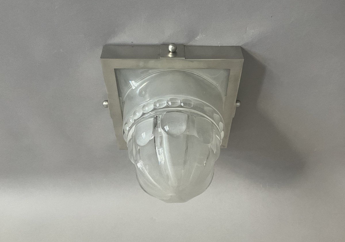 Genet Et Michon Ceiling Light In Press-molded Glass And Nickel-plated Bronze-photo-3