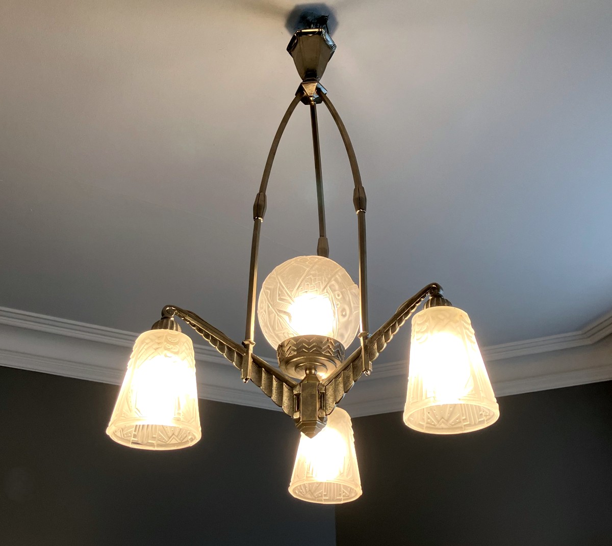 Muller Luneville Art Deco Press-molded Glass And Nickel-plated Bronze Chandelier 1930-photo-2