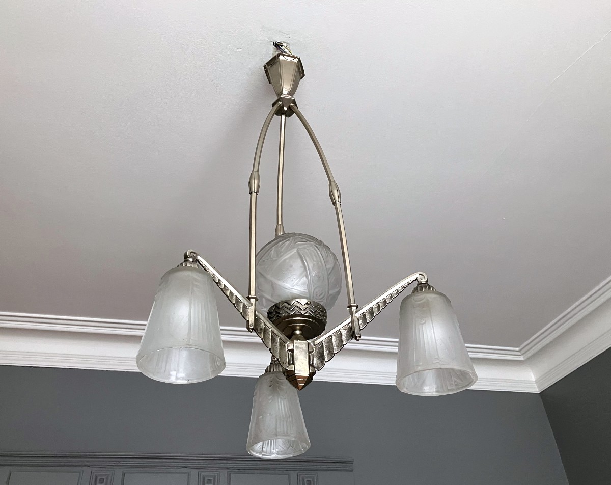 Muller Luneville Art Deco Press-molded Glass And Nickel-plated Bronze Chandelier 1930-photo-3