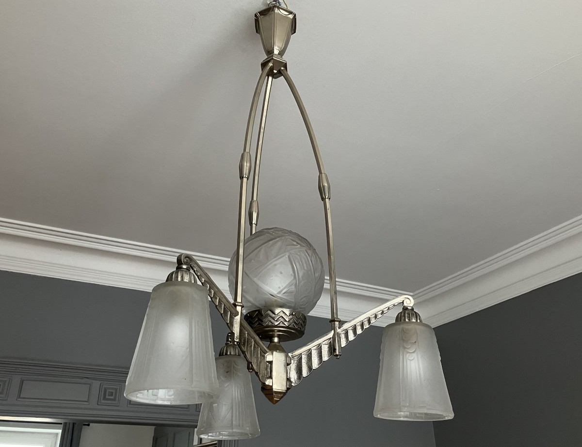 Muller Luneville Art Deco Press-molded Glass And Nickel-plated Bronze Chandelier 1930-photo-4
