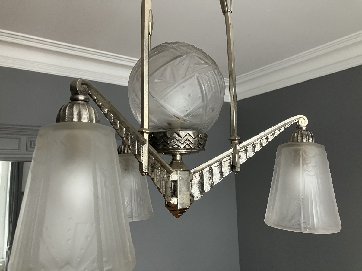 Muller Luneville Art Deco Press-molded Glass And Nickel-plated Bronze Chandelier 1930-photo-1