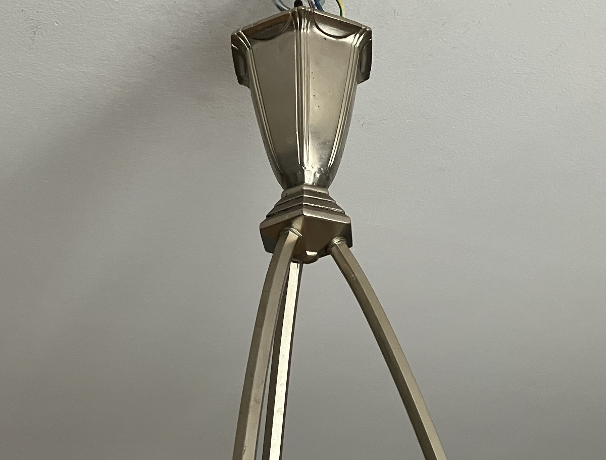 Muller Luneville Art Deco Press-molded Glass And Nickel-plated Bronze Chandelier 1930-photo-3