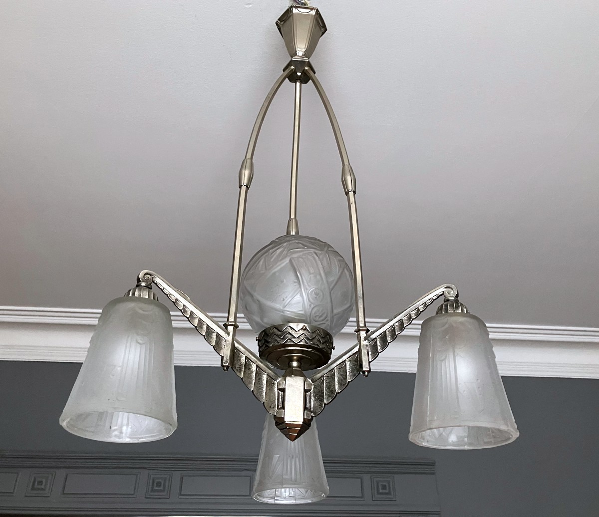 Muller Luneville Art Deco Press-molded Glass And Nickel-plated Bronze Chandelier 1930