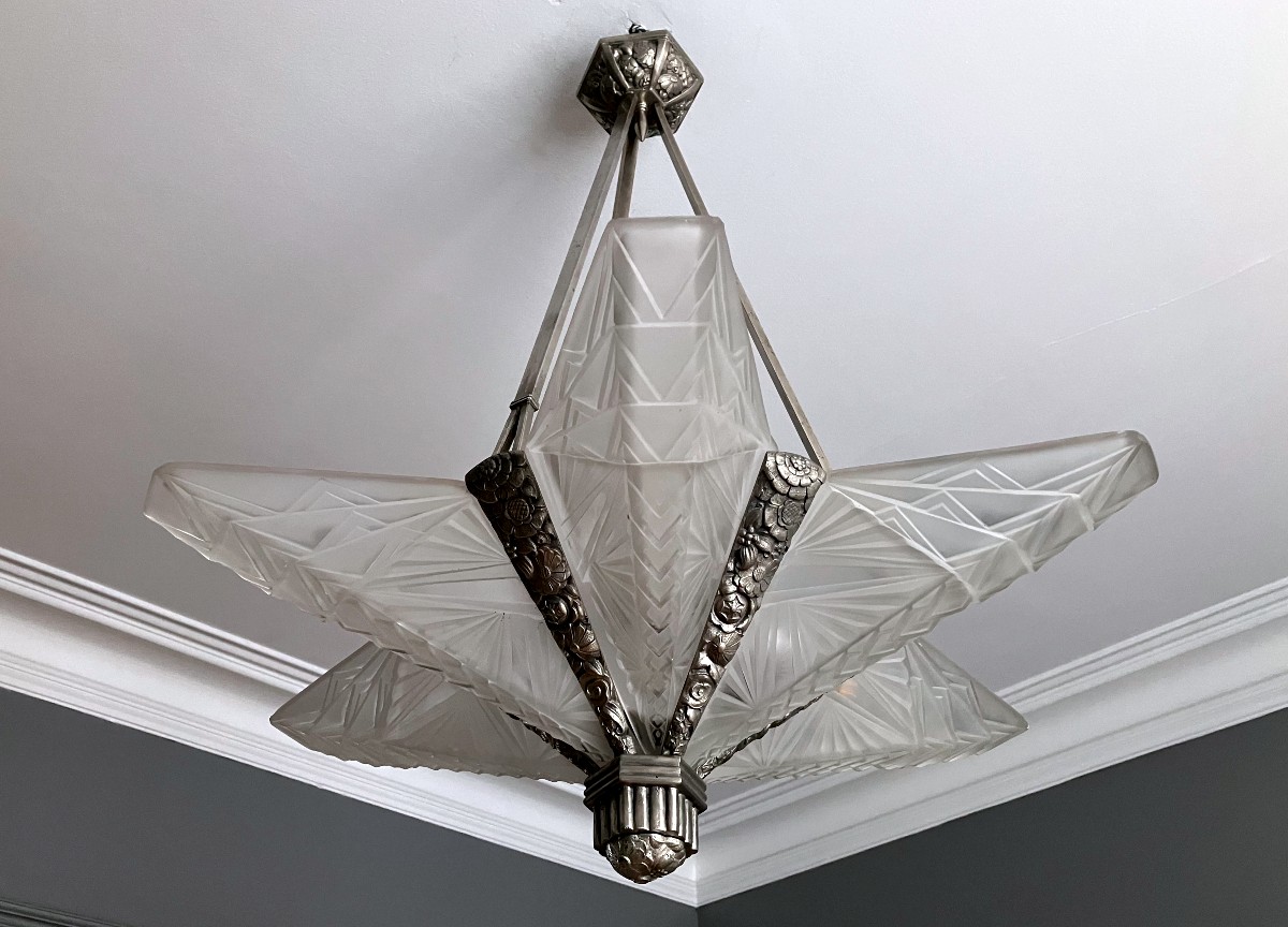Lustre en verre moulé à la presse et bronze nickelé Art Déco vers 1930-photo-3