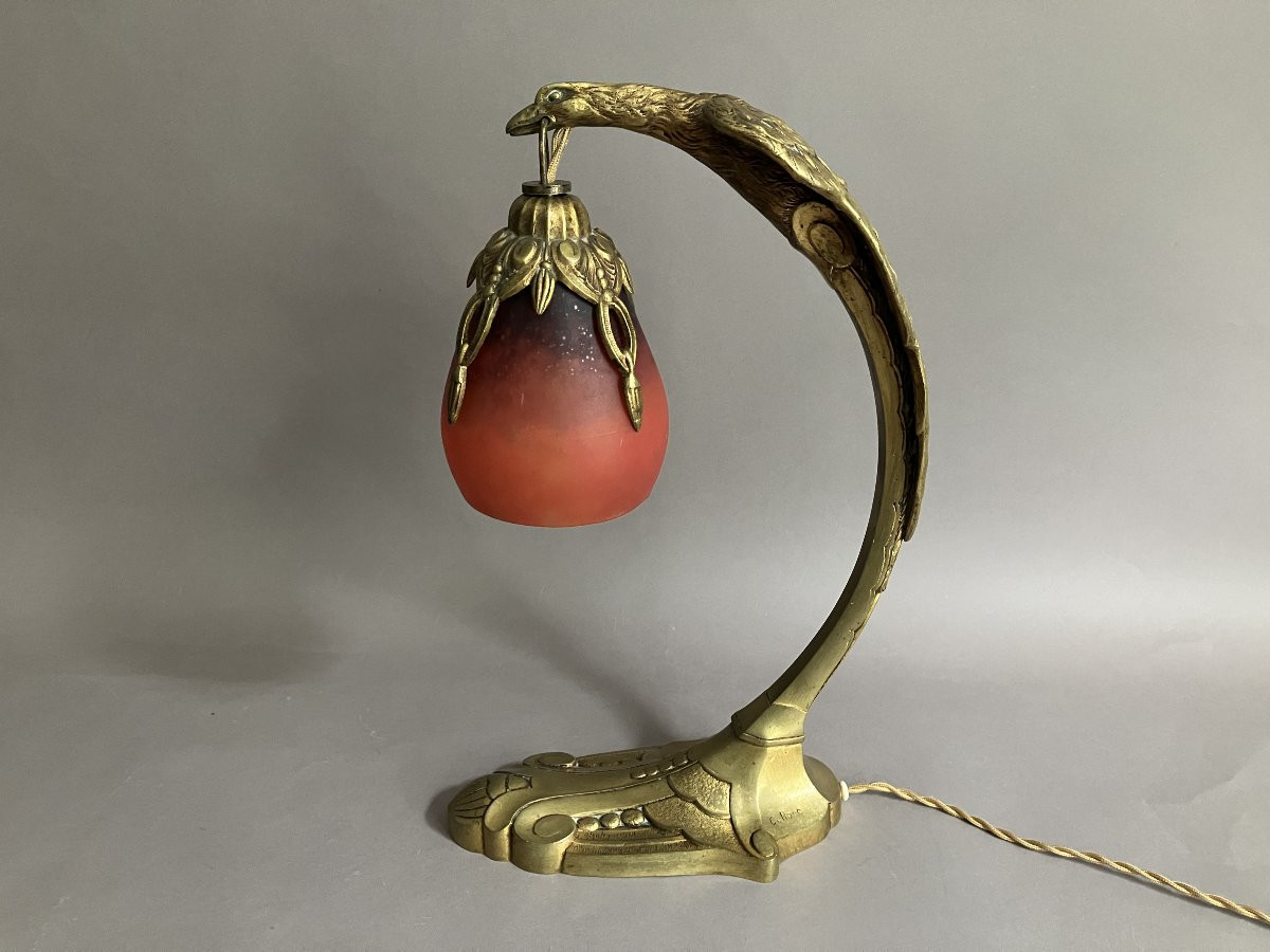 C. Ranc et Schneider lampe Art Déco modèle "aigle" en bronze et pâte de verre vers 1930-photo-1