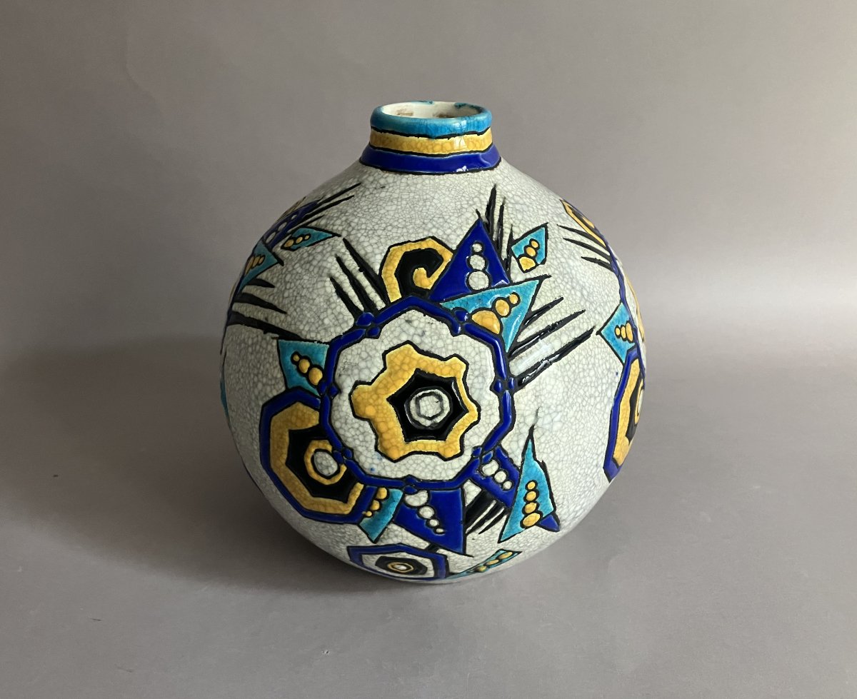 Charles Catteau Boch Frères Keramis Vase With Geometric Art Deco Decoration Circa 1930-photo-2