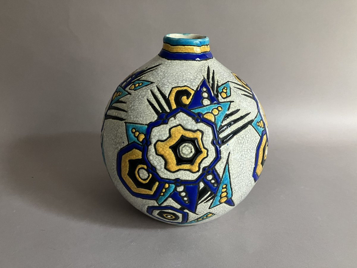 Charles Catteau Boch Frères Keramis Vase With Geometric Art Deco Decoration Circa 1930-photo-3