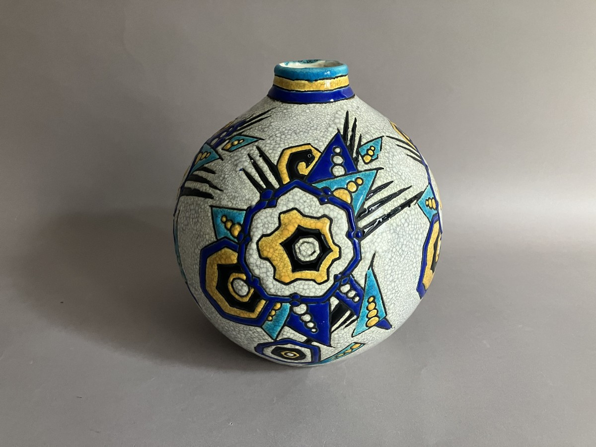 Charles Catteau Boch Frères Keramis Vase With Geometric Art Deco Decoration Circa 1930