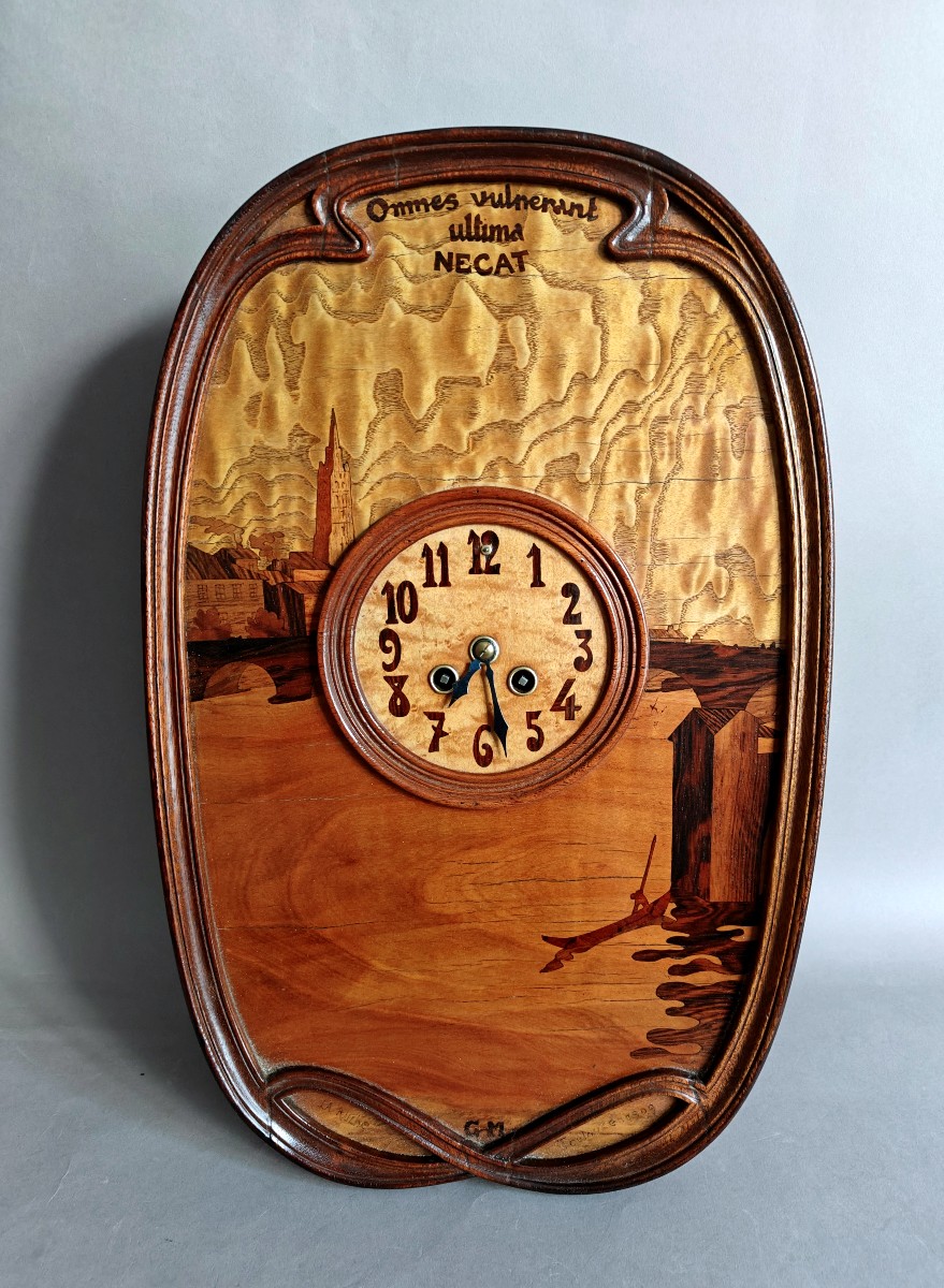 Ateliers la Ruche, Alet frères, pendule Art Nouveau en marqueterie vers 1909