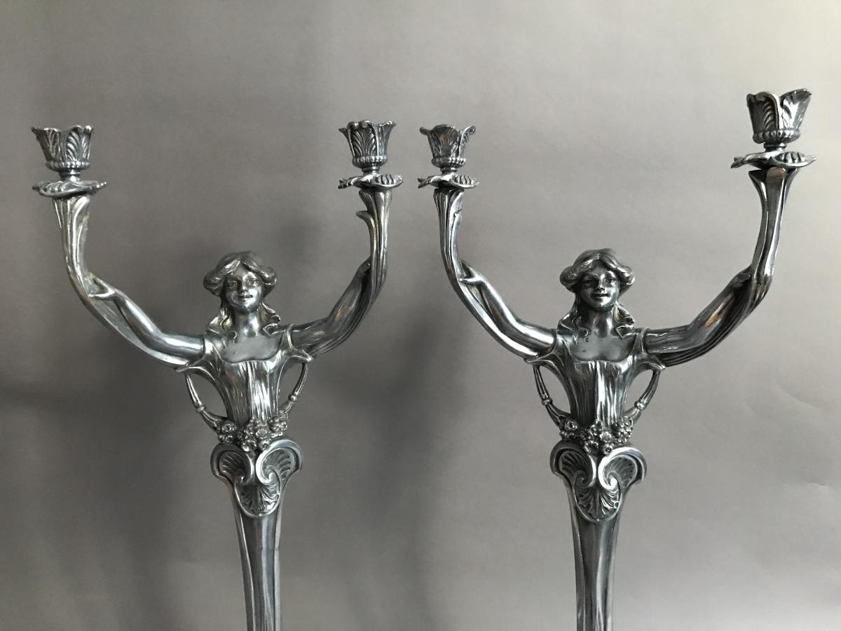 Pair Of Candlesticks Metal Pewter Art Nouveau 1900-photo-2
