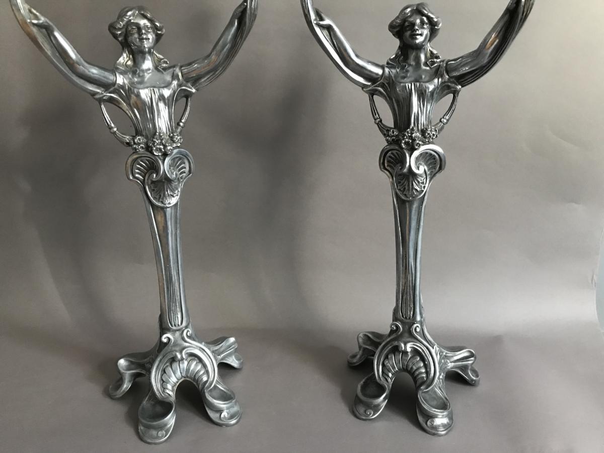 Pair Of Candlesticks Metal Pewter Art Nouveau 1900-photo-3