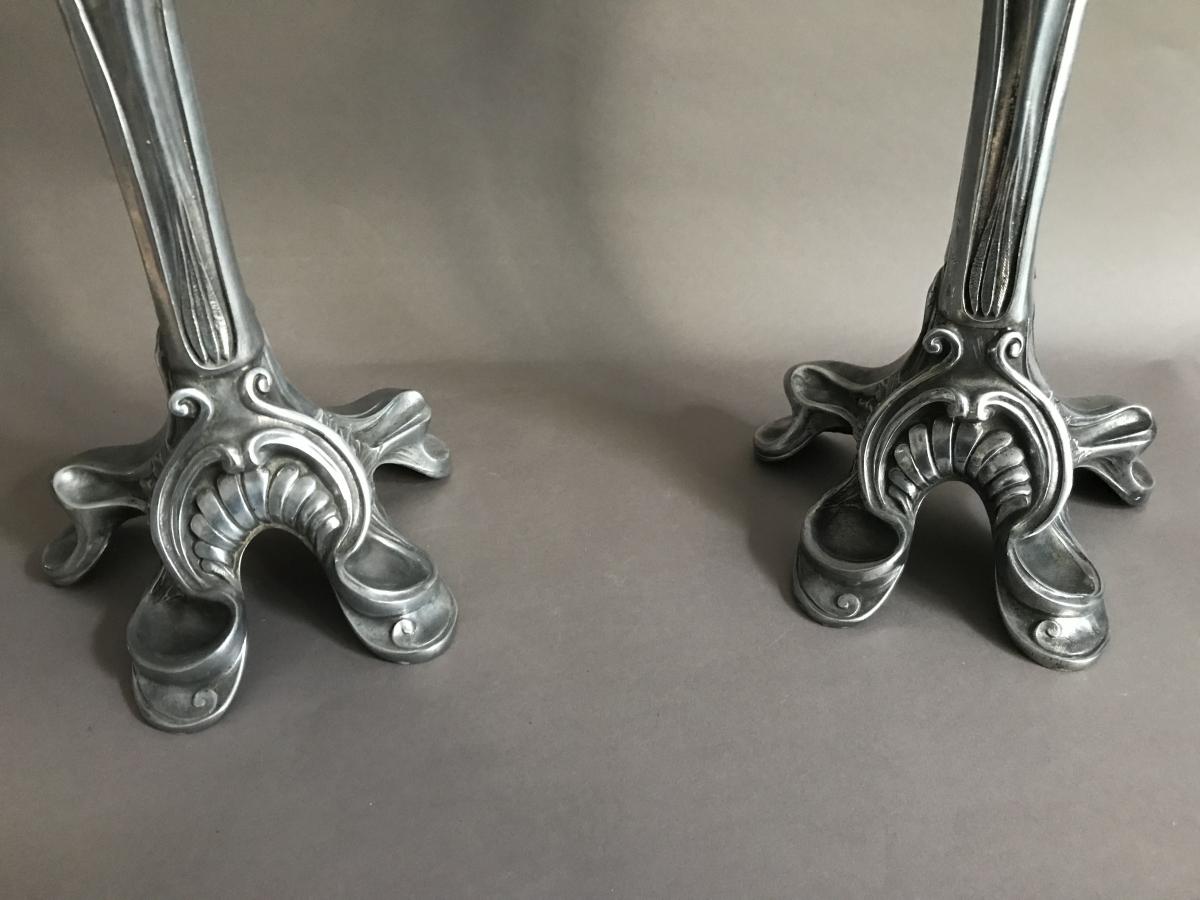 Pair Of Candlesticks Metal Pewter Art Nouveau 1900-photo-4