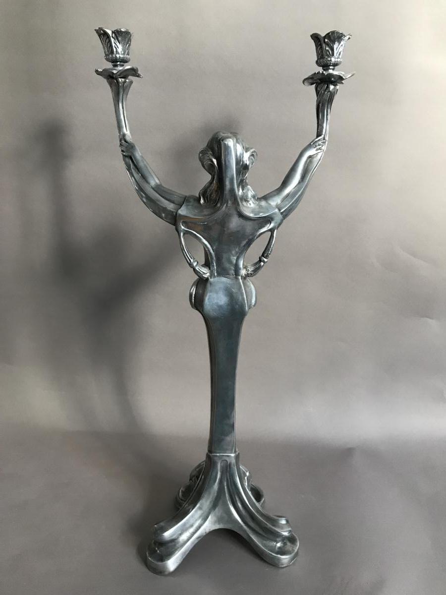 Pair Of Candlesticks Metal Pewter Art Nouveau 1900-photo-2