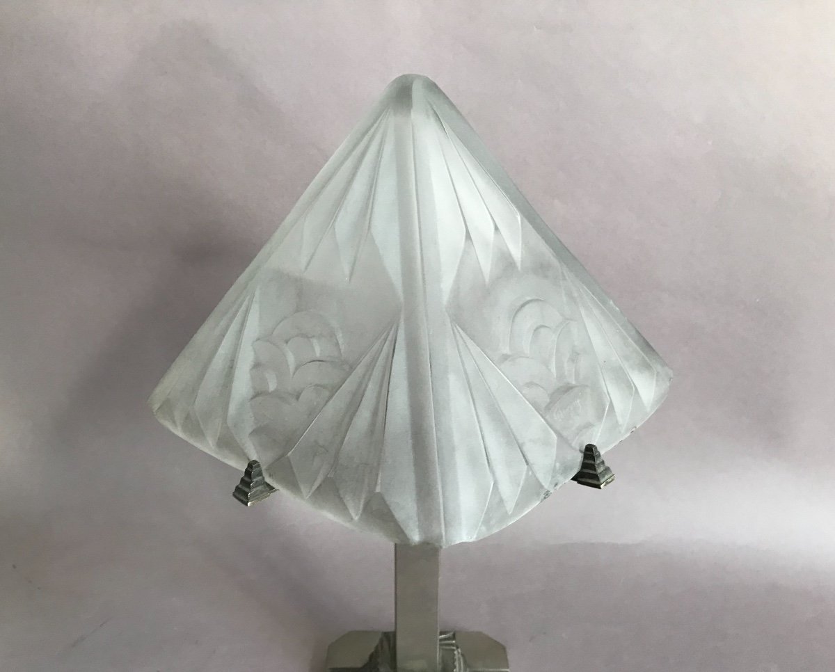 Degué Lamp In Press Molded Glass And Nickel Plated Bronze Art Deco 1930-photo-2