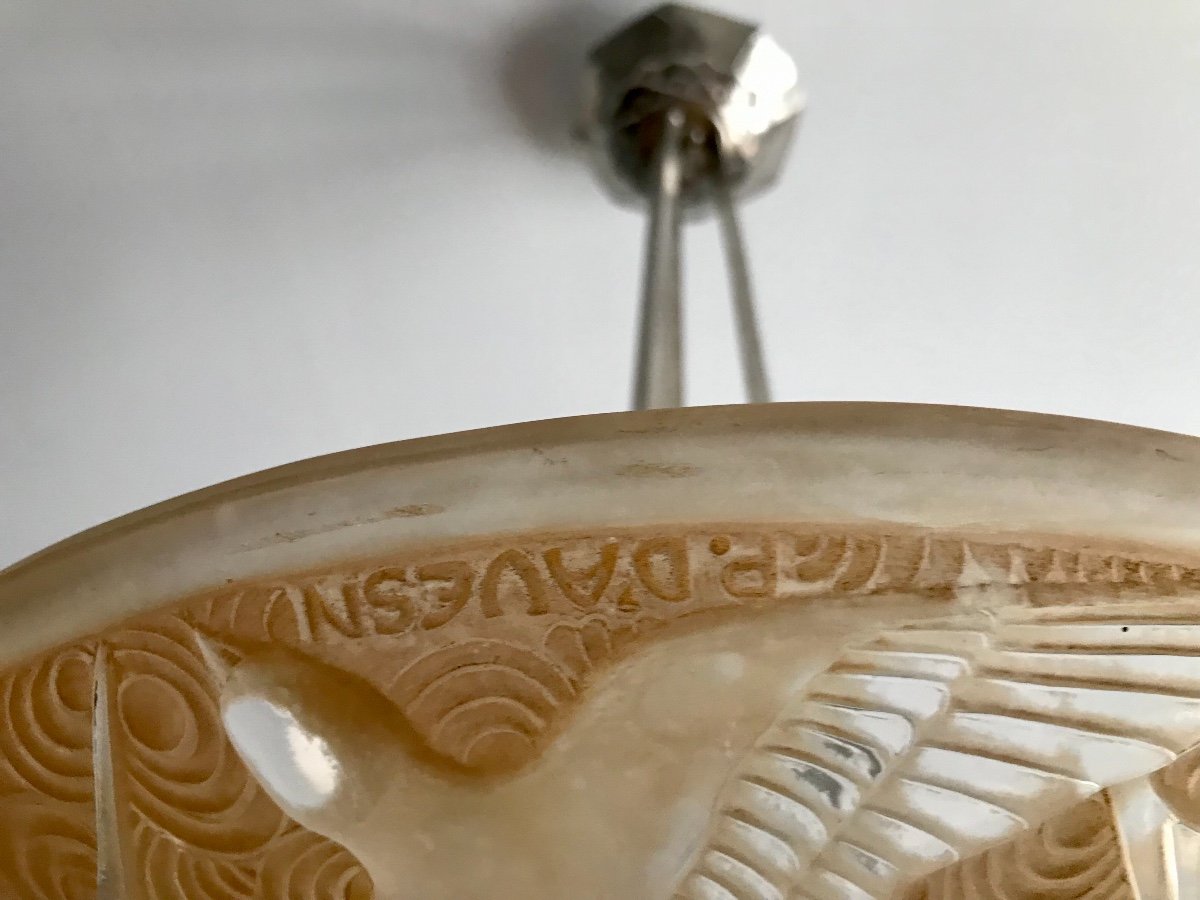 D’avesn lustre en verre moulé à la presse et bronze nickelé Art Deco 1930-photo-2