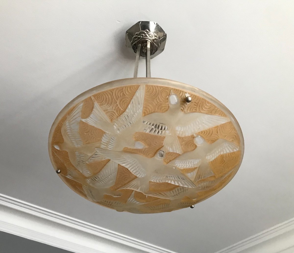 D’avesn lustre en verre moulé à la presse et bronze nickelé Art Deco 1930