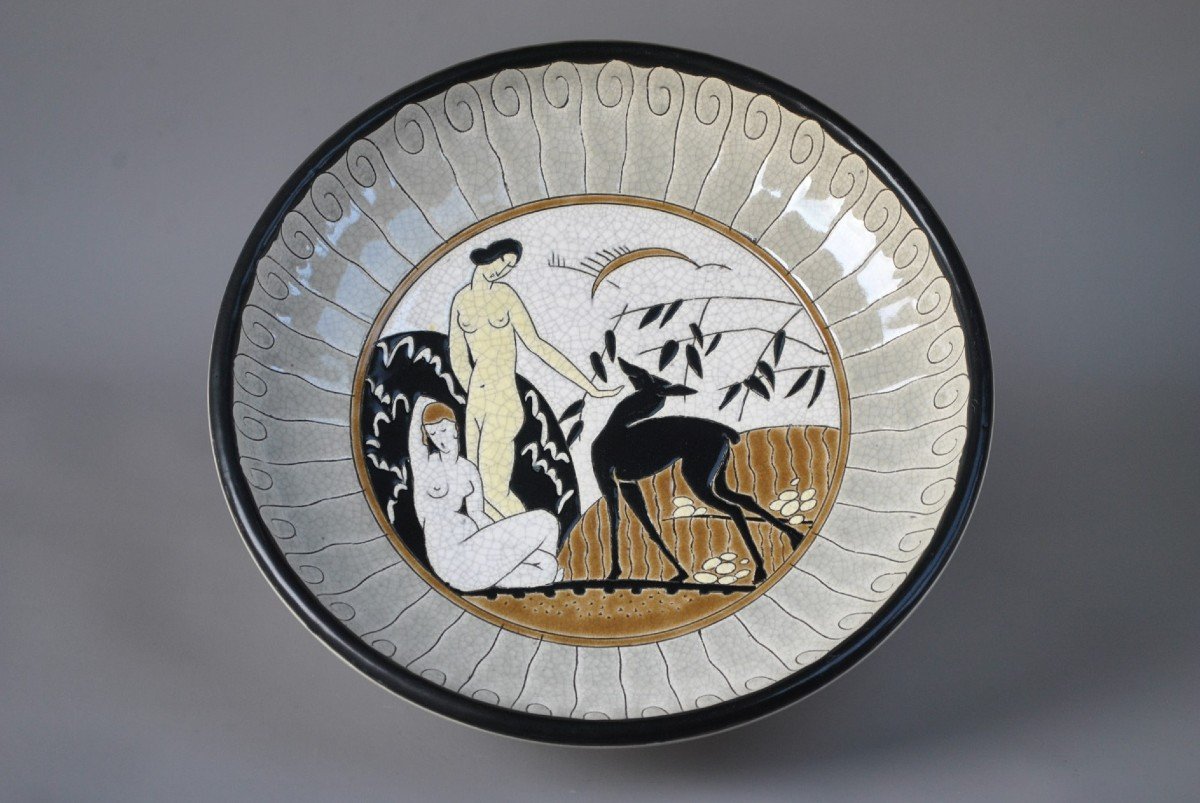 Primavera Longwy Polychrome Ceramic Art Deco Dish 1930