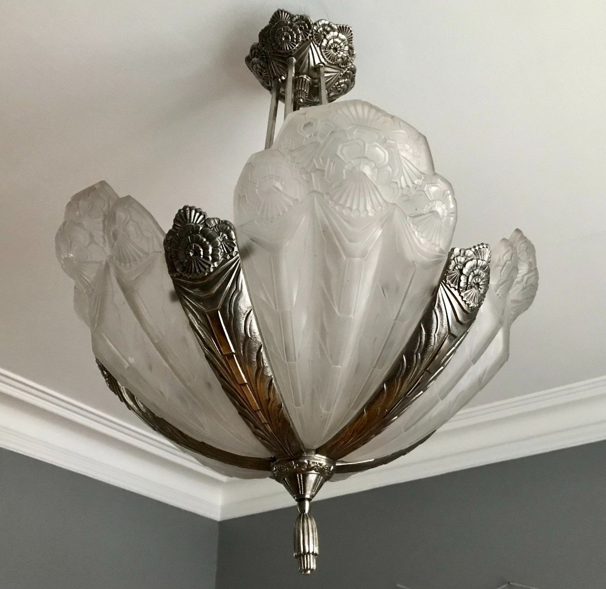 Ejg Chandelier In Press Molded Glass And Nickel Plated Bronze Art Deco 1930-photo-2