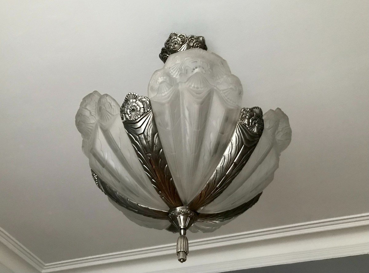 Ejg Chandelier In Press Molded Glass And Nickel Plated Bronze Art Deco 1930-photo-4