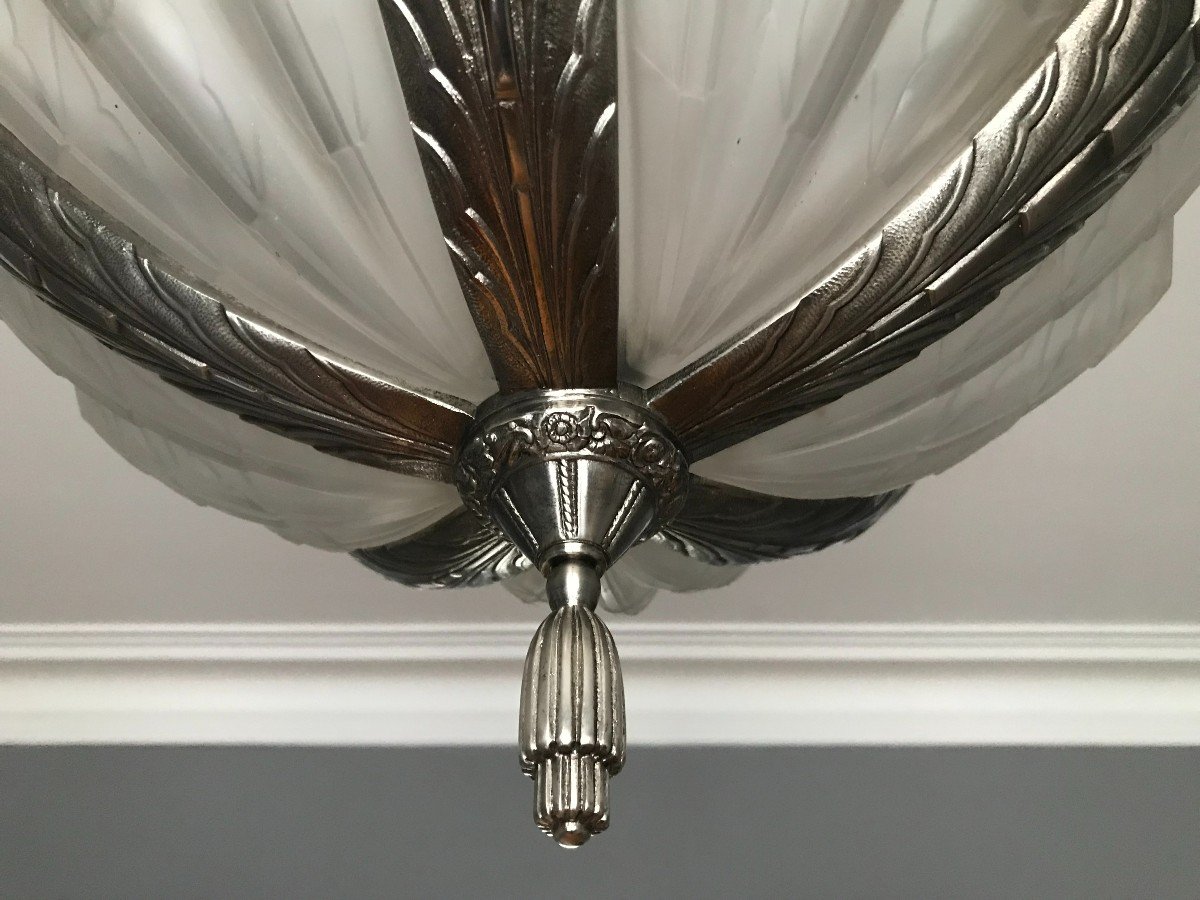 Ejg Chandelier In Press Molded Glass And Nickel Plated Bronze Art Deco 1930-photo-2