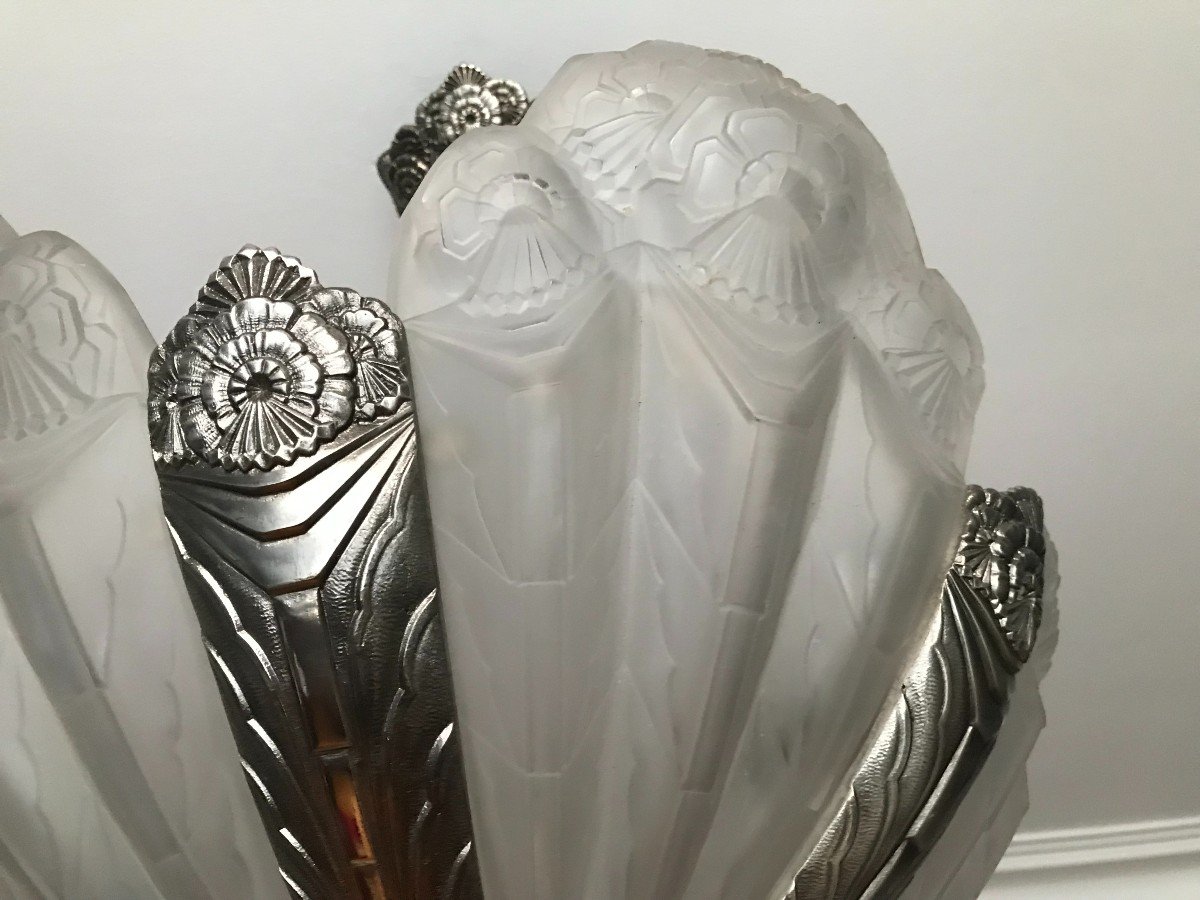 Ejg Chandelier In Press Molded Glass And Nickel Plated Bronze Art Deco 1930-photo-5