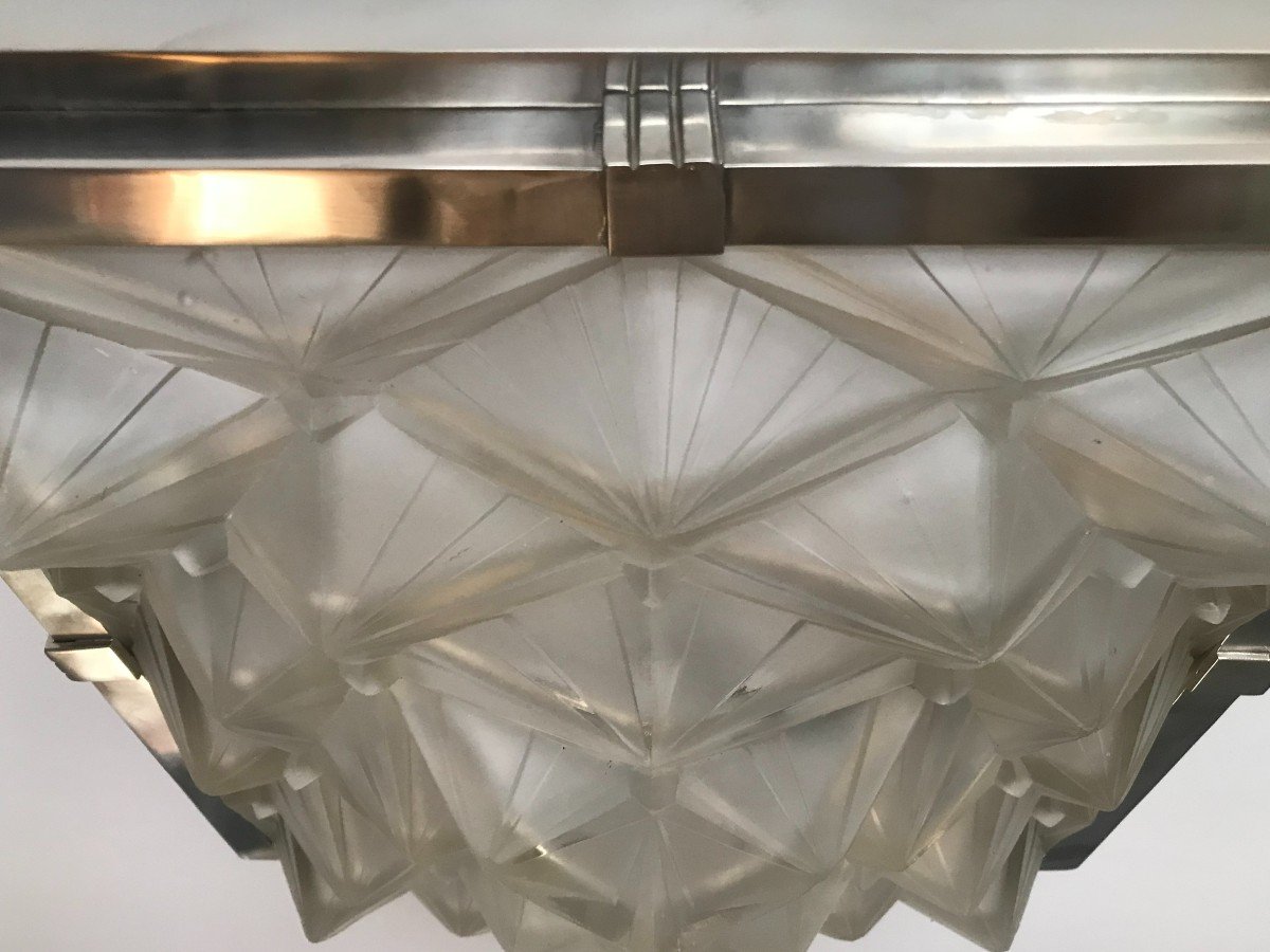 Hettier And Vincent Ceiling Light In Press Molded Glass And Nickel Plated Bronze Art Deco 1930-photo-1