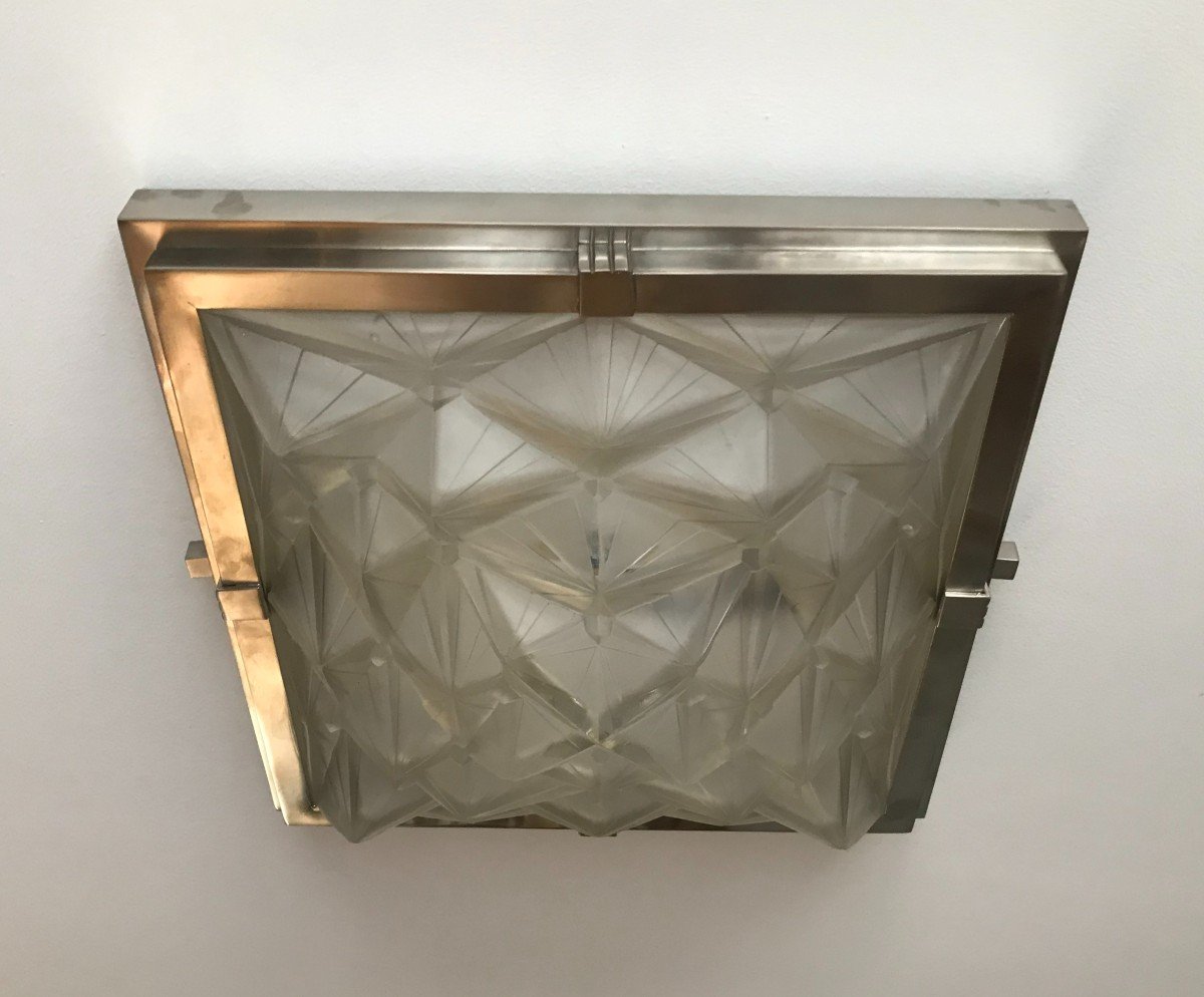 Hettier And Vincent Ceiling Light In Press Molded Glass And Nickel Plated Bronze Art Deco 1930