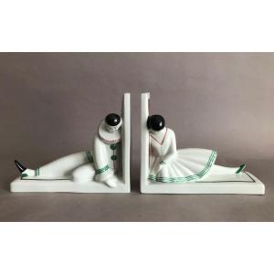 Robj Pierrot & Colombine serre-livres Art Déco porcelaine polychrome