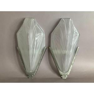 Ejg. Pair Of Sconces In Press Molded Glass And Nickel Plated Art Deco Bronze Circa 1930
