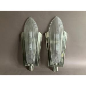 Genet Et Michon Pair Of Sconces In Press-molded Glass And Nickel-plated Bronze Art Deco 1930