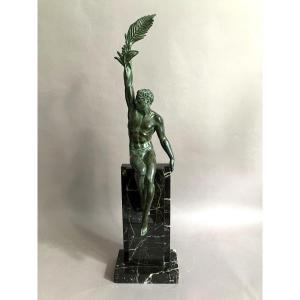 P. Le Faguays "glory" Art Deco Athlete Sculpture In Cast Iron Art Edition Max Le Verrier