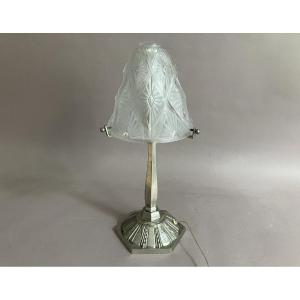Lamp In Press Molded Glass And Nickel Plated Bronze Art Deco Circa 1930