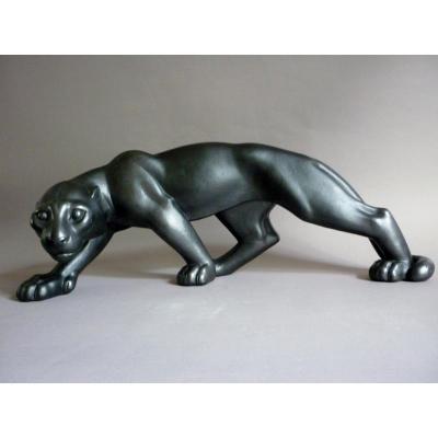 Riccardo Scarpa Sculpture Great Panther Black En Marche Ceramique Art Deco 1930