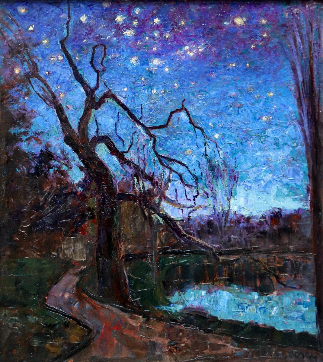 Jacobus Johannes Doeser (1884 - 1970), Starry Night By A Pond-photo-1