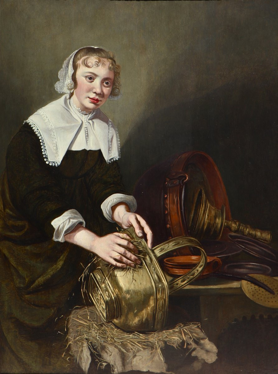 Willem van Odekercken (vers 1610 - 1677), Servante récurant un seau en laiton-photo-1